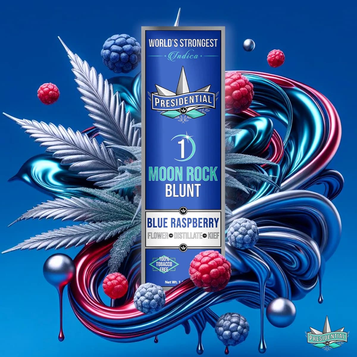 Presidential Blue Raspberry blunt packaging with illustrated label artwork