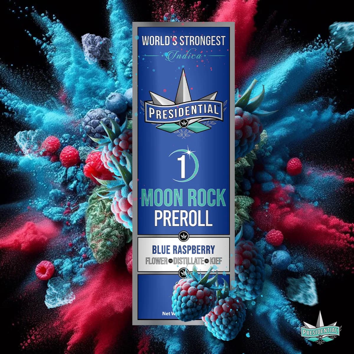 Presidential Blue Raspberry infused pre-roll packaging with illustrated label artwork