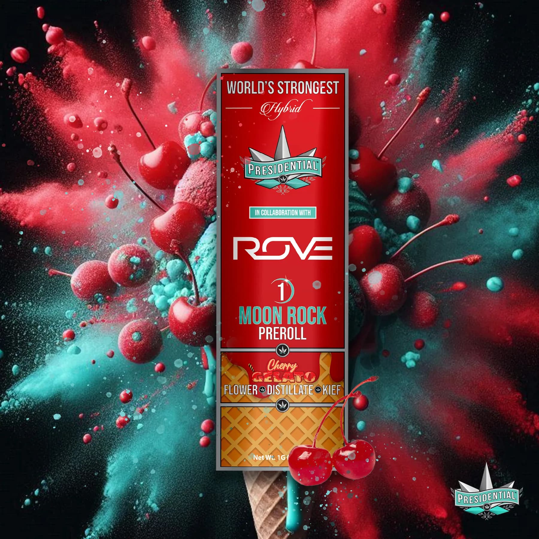 Presidential Cherry Gelato infused pre-roll packaging with illustrated label artwork
