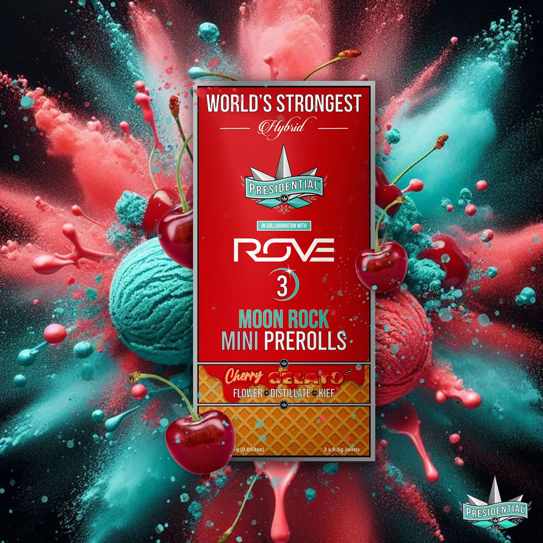 Presidential Cherry Gelato mini pre-roll packaging with illustrated label artwork