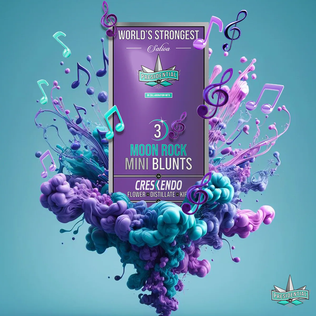 Presidential Crescendo mini blunt packaging with illustrated label artwork