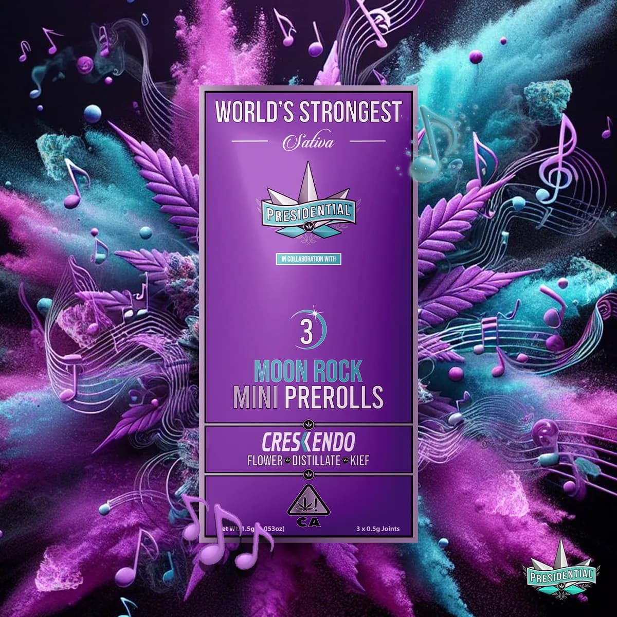 Presidential Crescendo mini pre-roll packaging with illustrated label artwork