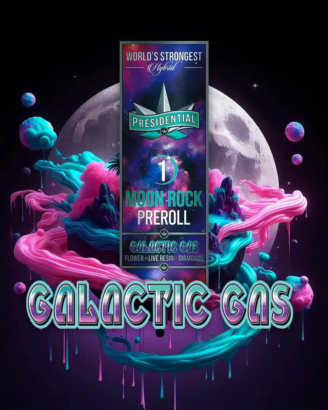 Presidential Galactic Gas infused pre-roll packaging with illustrated label artwork