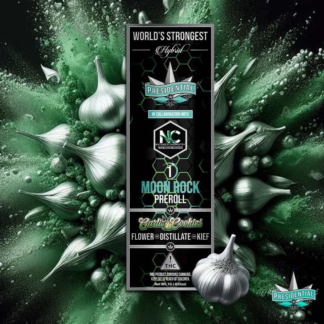 Presidential Garlic Cookie infused pre-roll packaging with illustrated label artwork