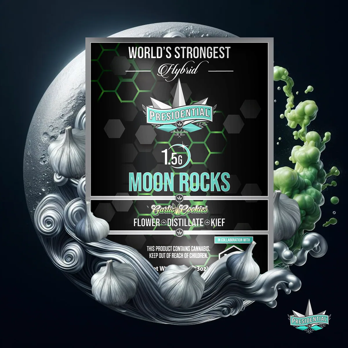 Presidential Garlic Cookie moon rocks packaging with illustrated label artwork