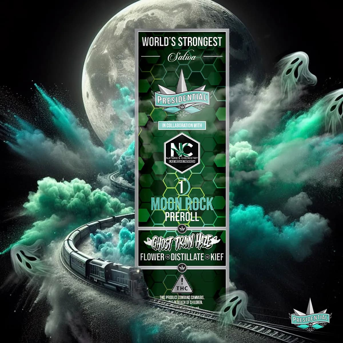 Presidential Ghost Haze infused pre-roll packaging with illustrated label artwork
