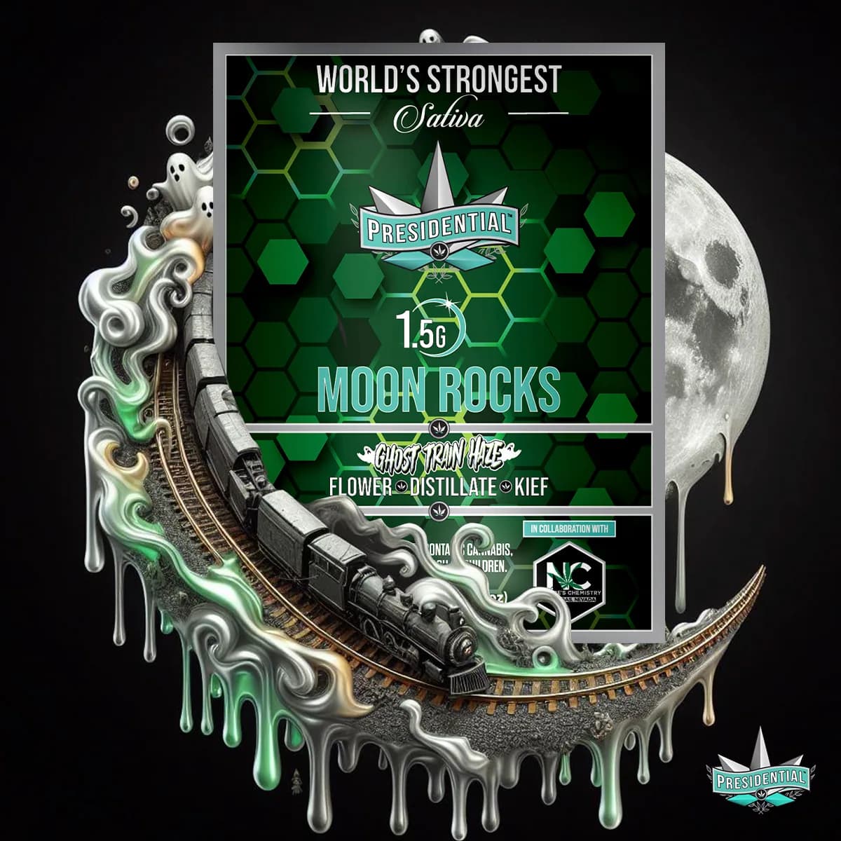 Presidential Ghost Haze moon rocks packaging with illustrated label artwork