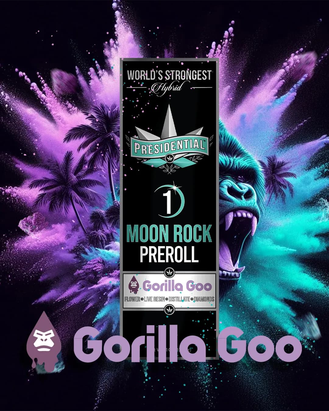 Presidential Gorilla Goo infused pre-roll packaging with illustrated label artwork
