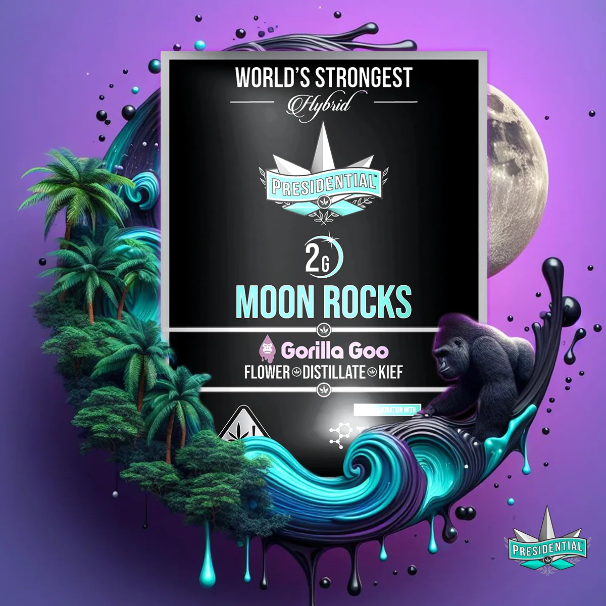 Presidential Gorilla Goo moon rocks packaging with illustrated label artwork