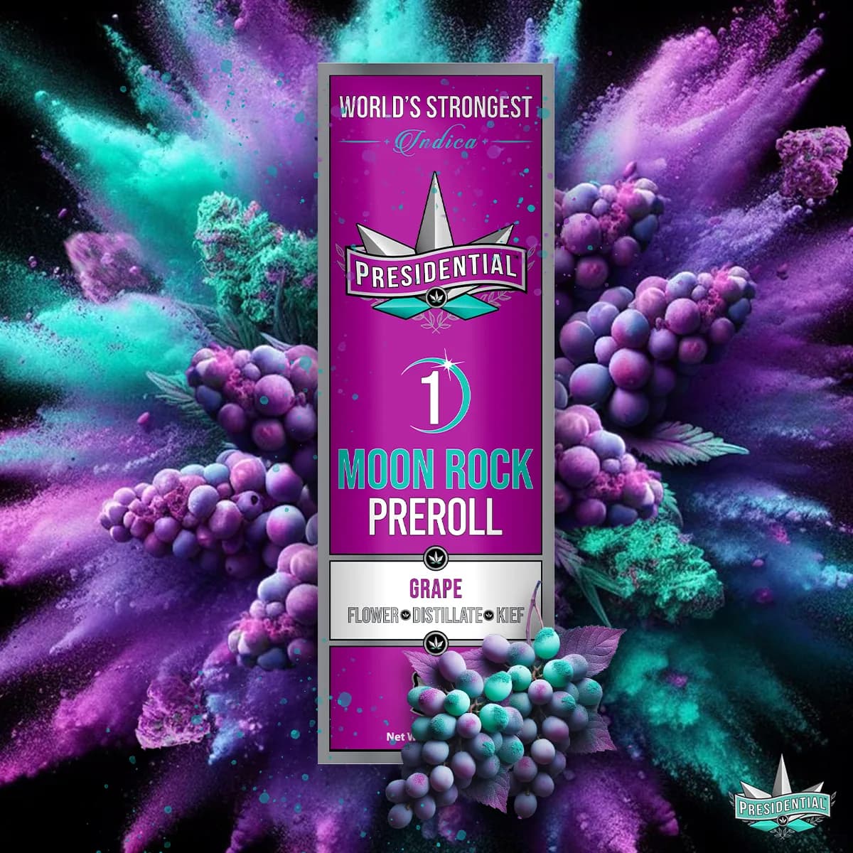 Presidential Grape infused pre-roll packaging with illustrated label artwork