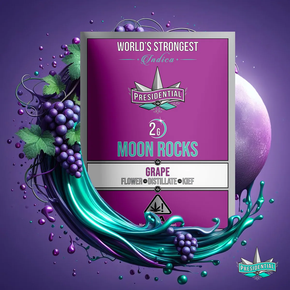 Presidential Grape moon rocks packaging with illustrated label artwork