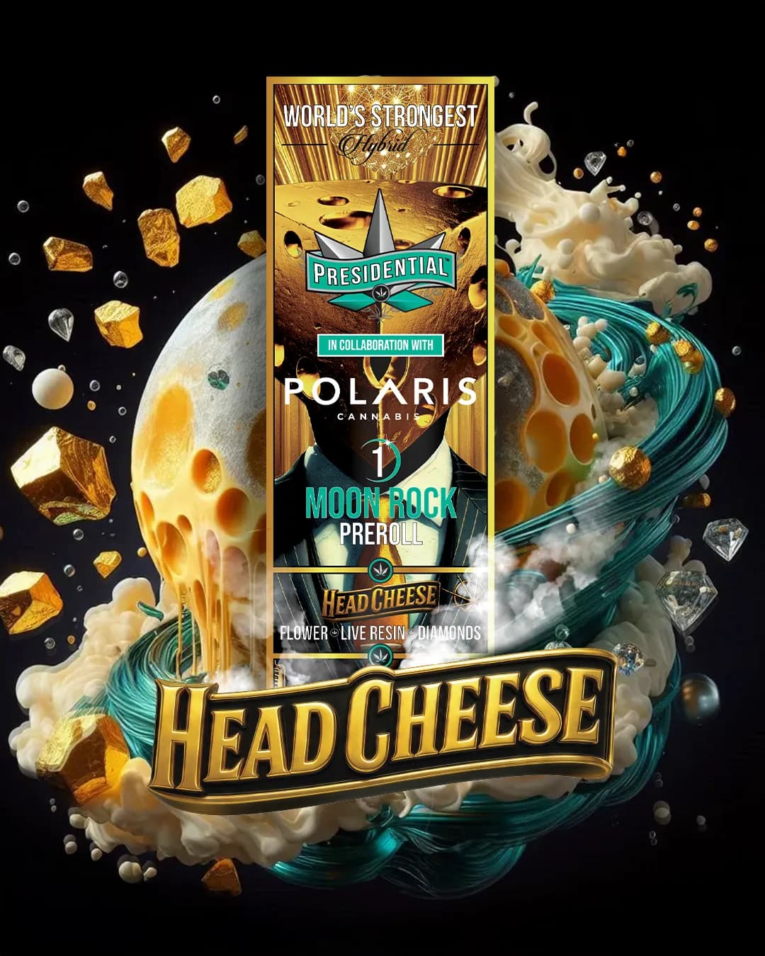 Presidential Head Cheese infused pre-roll packaging with illustrated label artwork