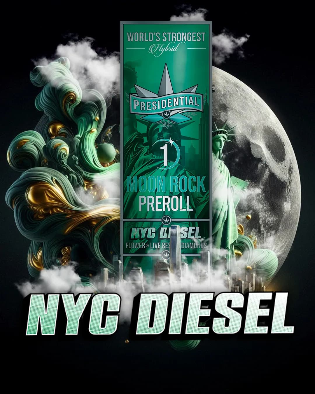 Presidential NYC Diesel infused pre-roll packaging with illustrated label artwork