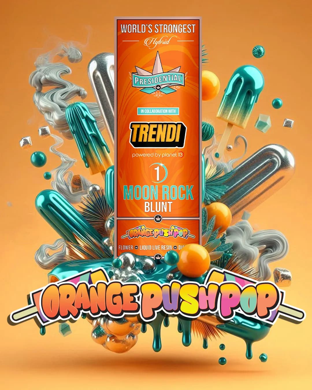 Presidential Orange Push Pop blunt packaging with illustrated label artwork