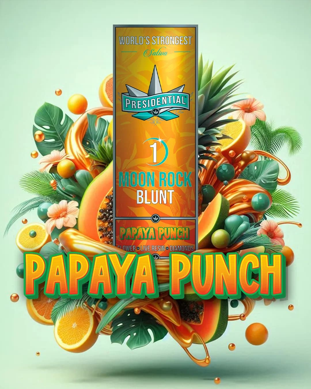 Presidential Papaya Punch blunt packaging with illustrated label artwork