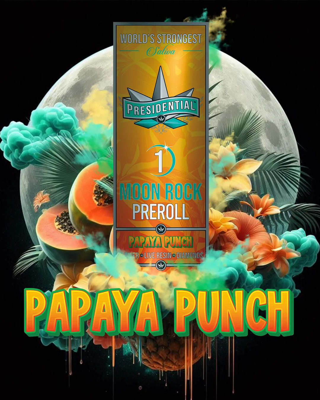 Presidential Papaya Punch infused pre-roll packaging with illustrated label artwork