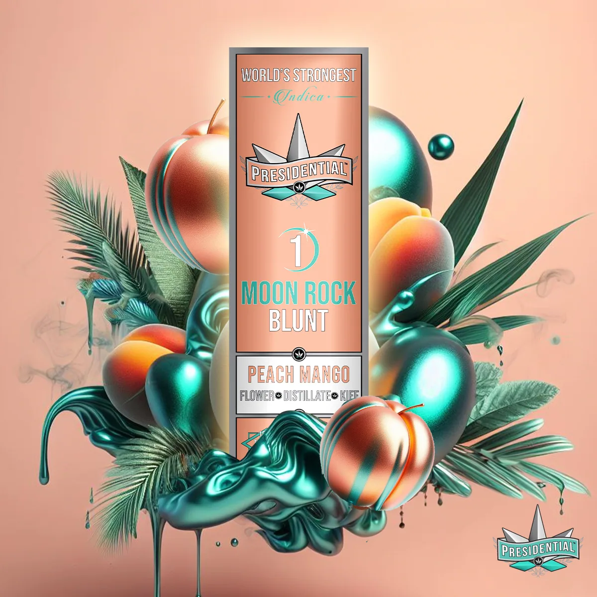 Presidential Peach Mango blunt packaging with illustrated label artwork