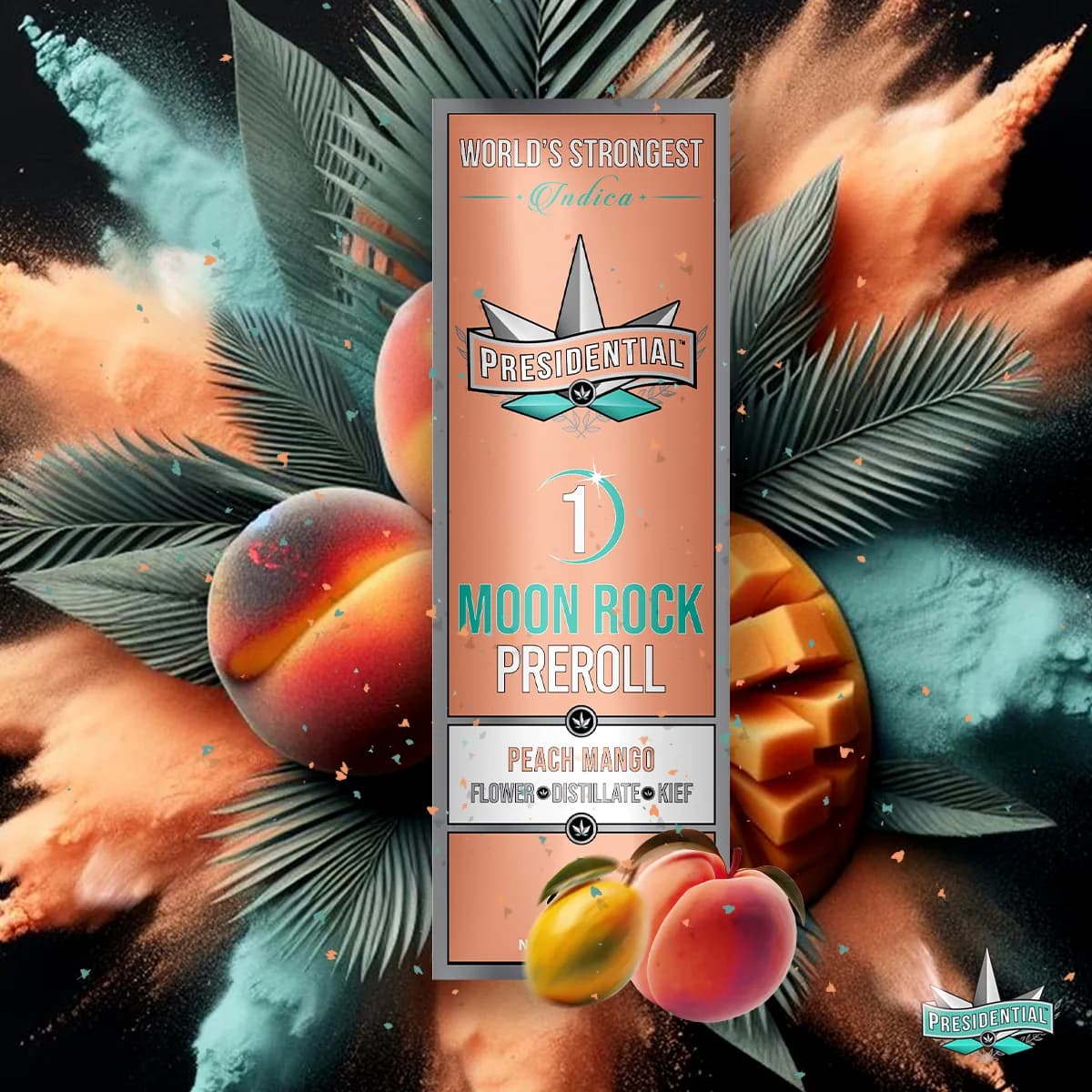 Presidential Peach Mango infused pre-roll packaging with illustrated label artwork