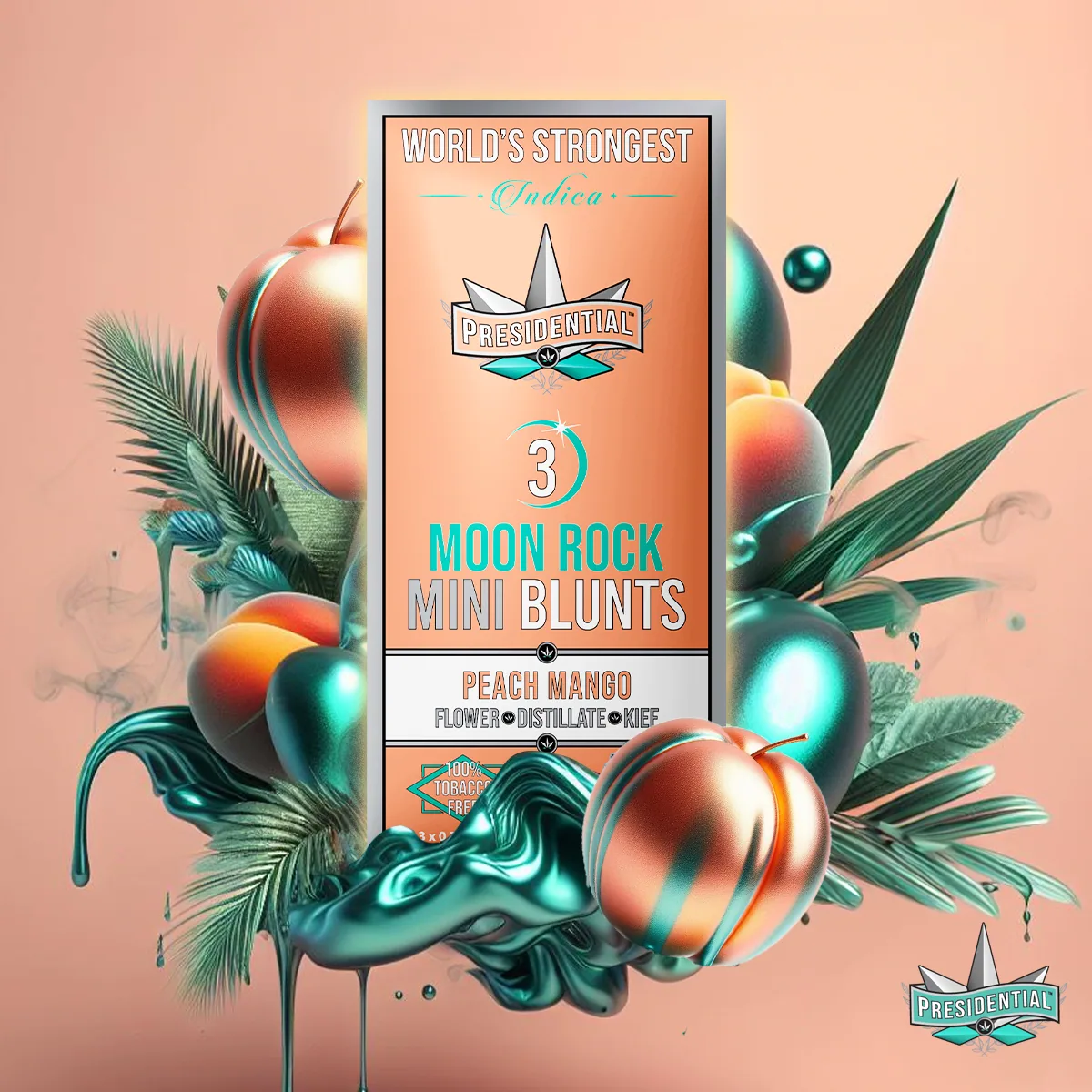 Presidential Peach Mango mini blunt packaging with illustrated label artwork