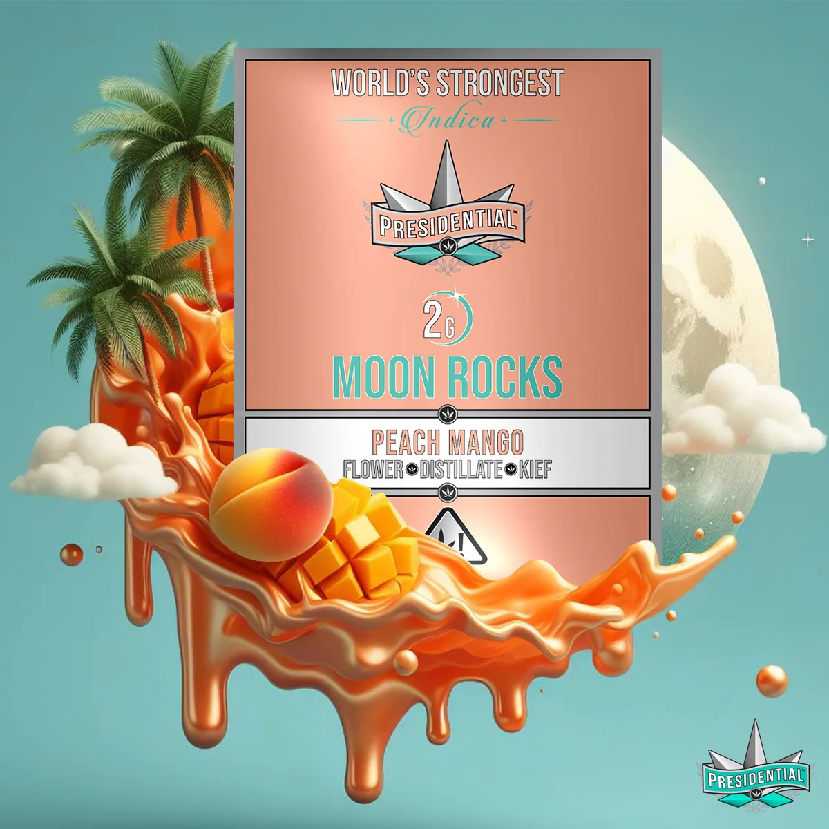Presidential Peach Mango moon rocks packaging with illustrated label artwork