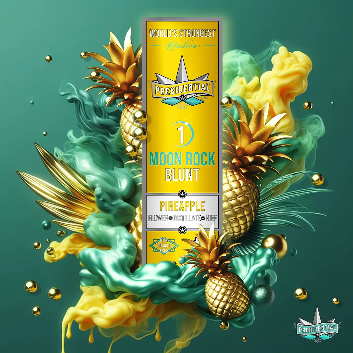 Presidential Pineapple blunt packaging with illustrated label artwork