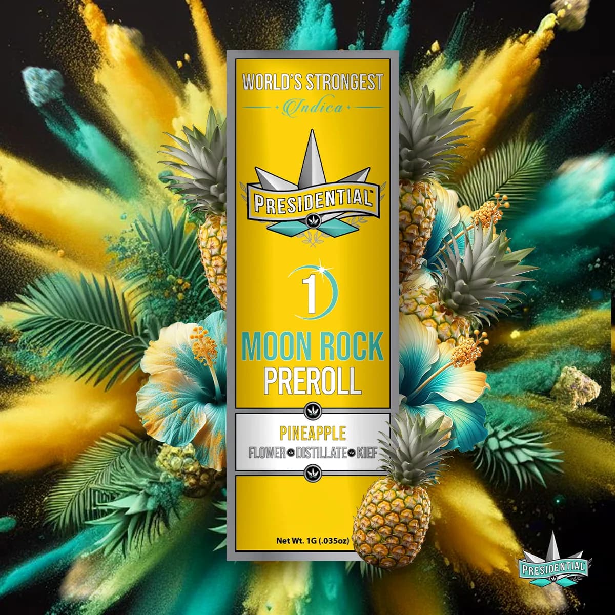 Presidential Pineapple infused pre-roll packaging with illustrated label artwork
