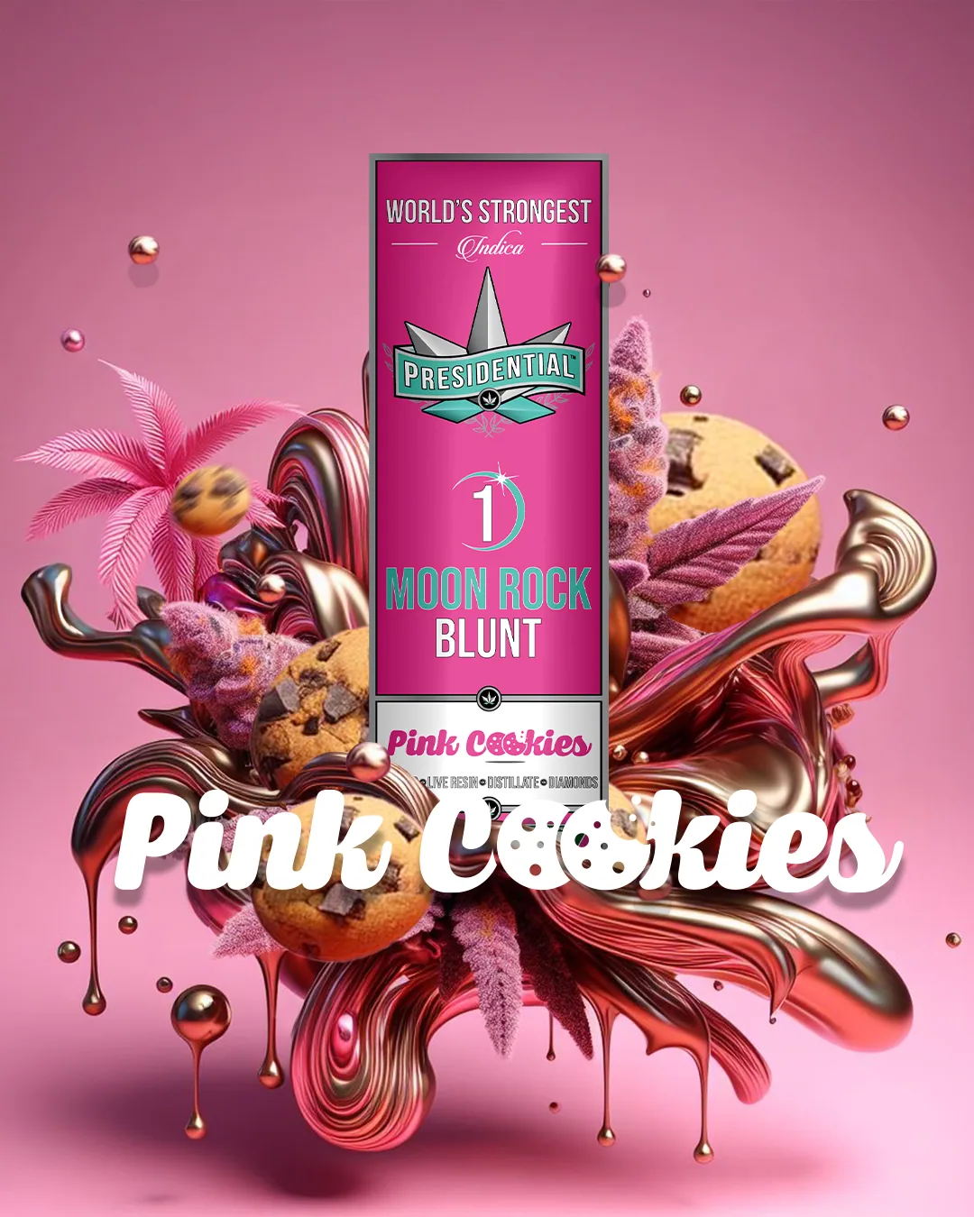 Presidential Pink Cookie blunt packaging with illustrated label artwork