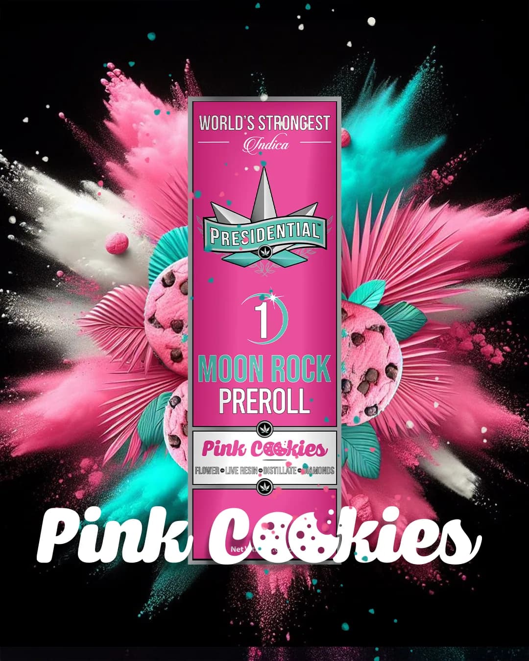 Presidential Pink Cookie infused pre-roll packaging with illustrated label artwork