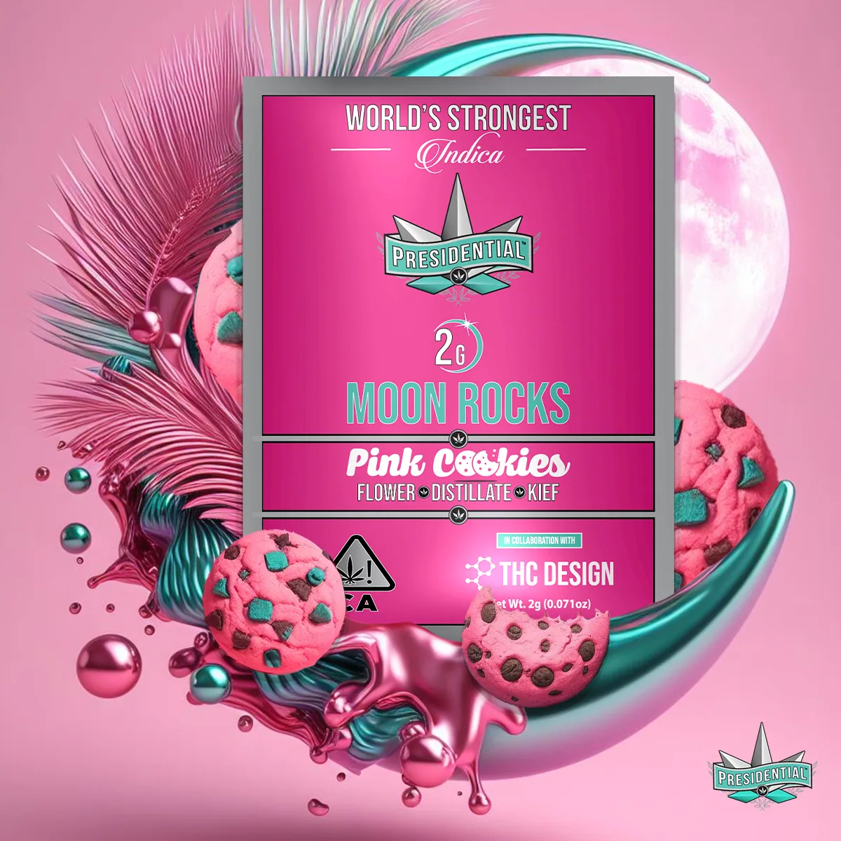 Presidential Pink Cookie moon rocks packaging with illustrated label artwork