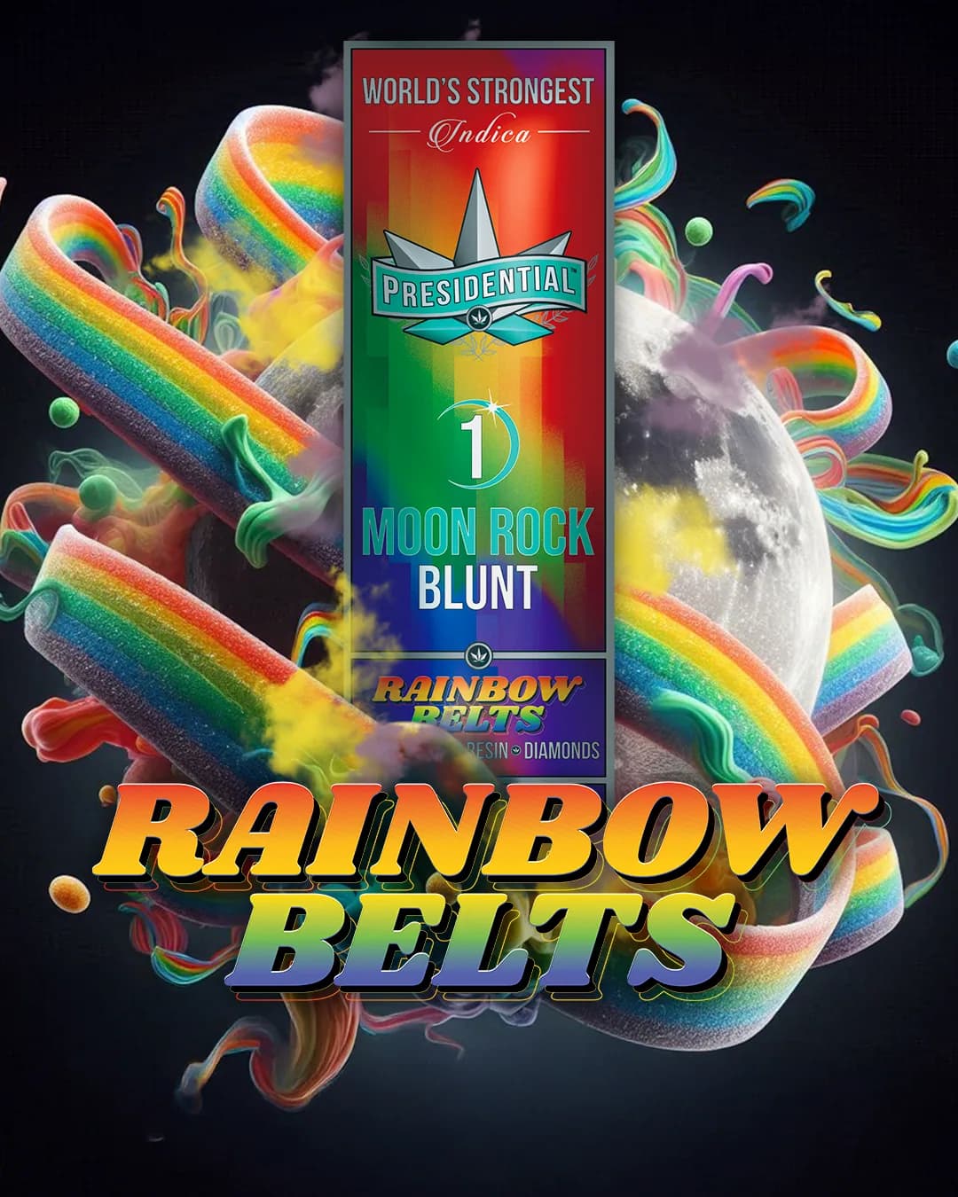 Presidential Rainbow Belts blunt packaging with illustrated label artwork