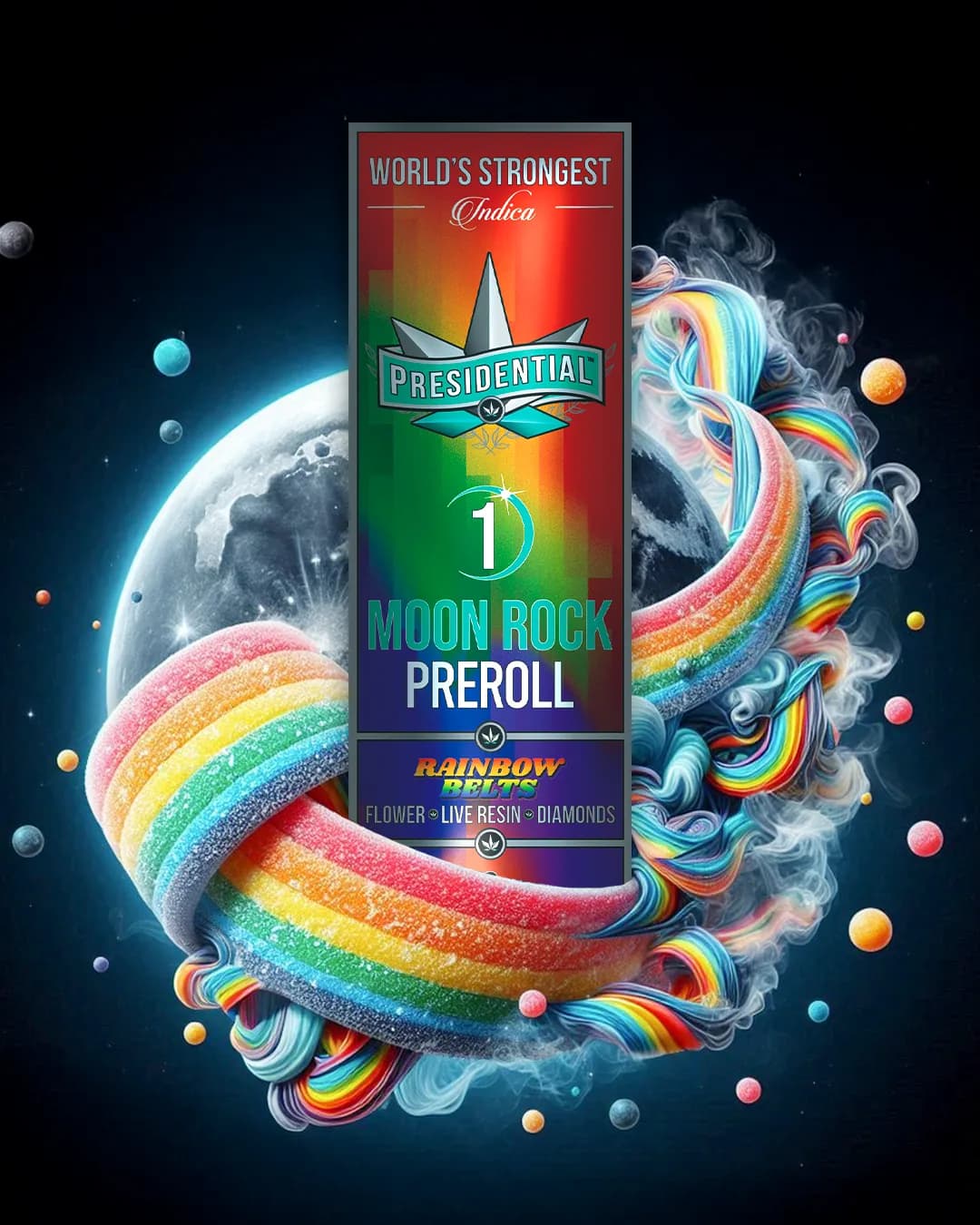 Presidential Rainbow Belts infused pre-roll packaging with illustrated label artwork