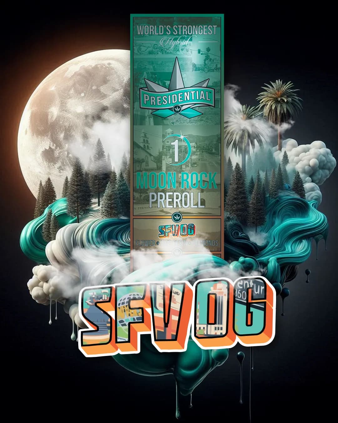 Presidential SFV OG infused pre-roll packaging with illustrated label artwork