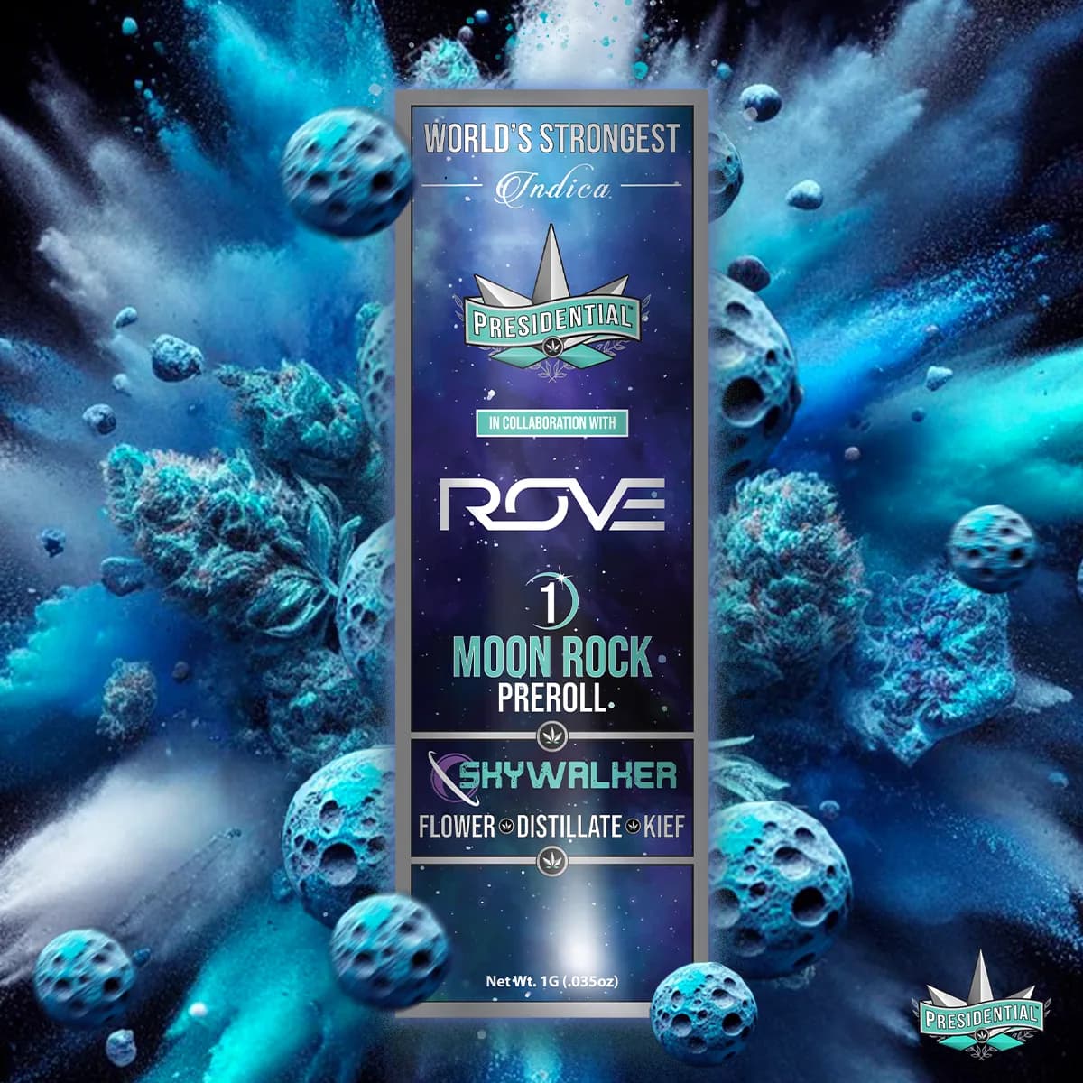 Presidential Skywalker infused pre-roll packaging with illustrated label artwork