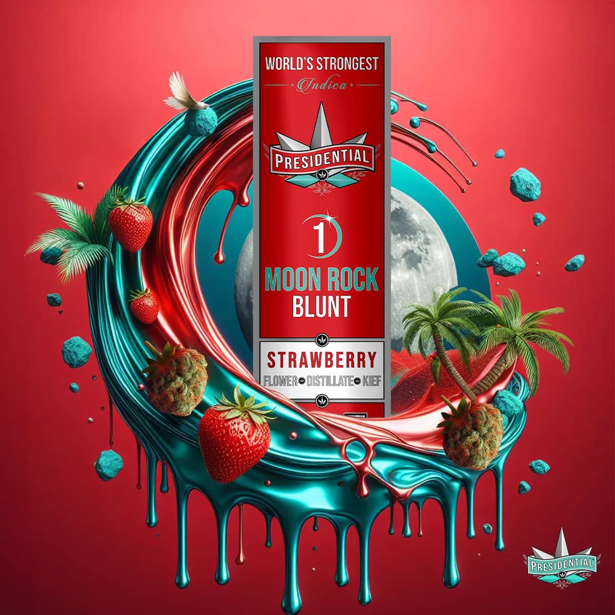 Presidential Strawberry blunt packaging with illustrated label artwork