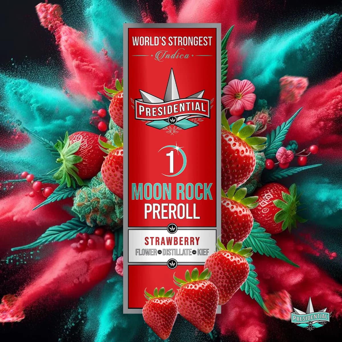 Presidential Strawberry infused pre-roll packaging with illustrated label artwork