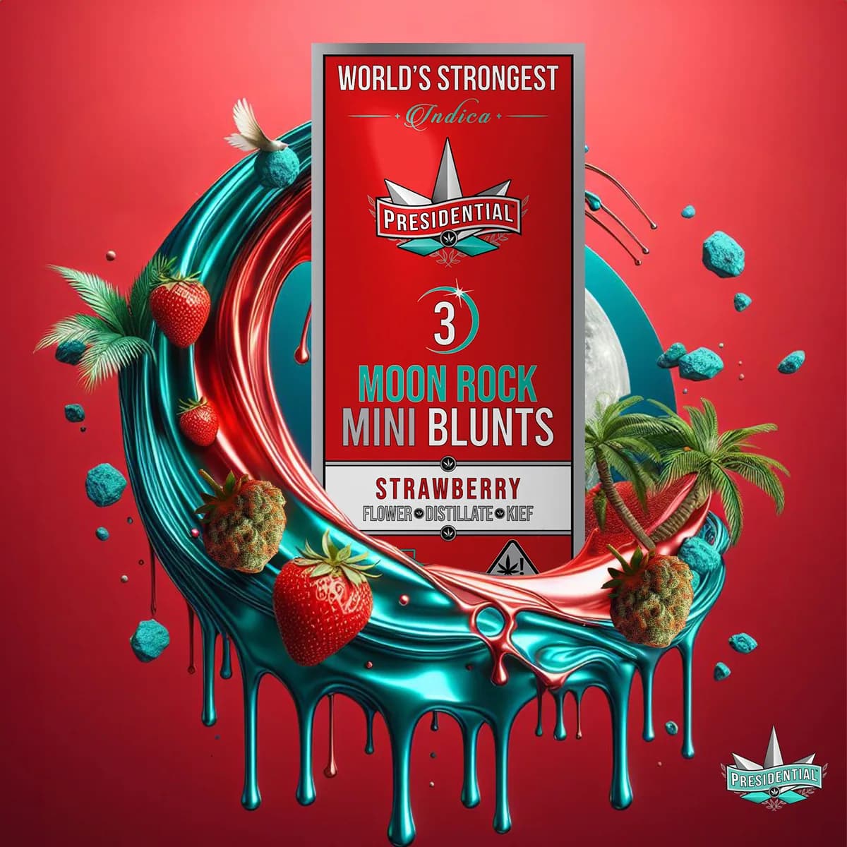Presidential Strawberry mini blunt packaging with illustrated label artwork