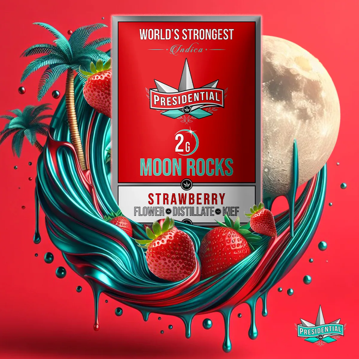 Presidential Strawberry moon rocks packaging with illustrated label artwork