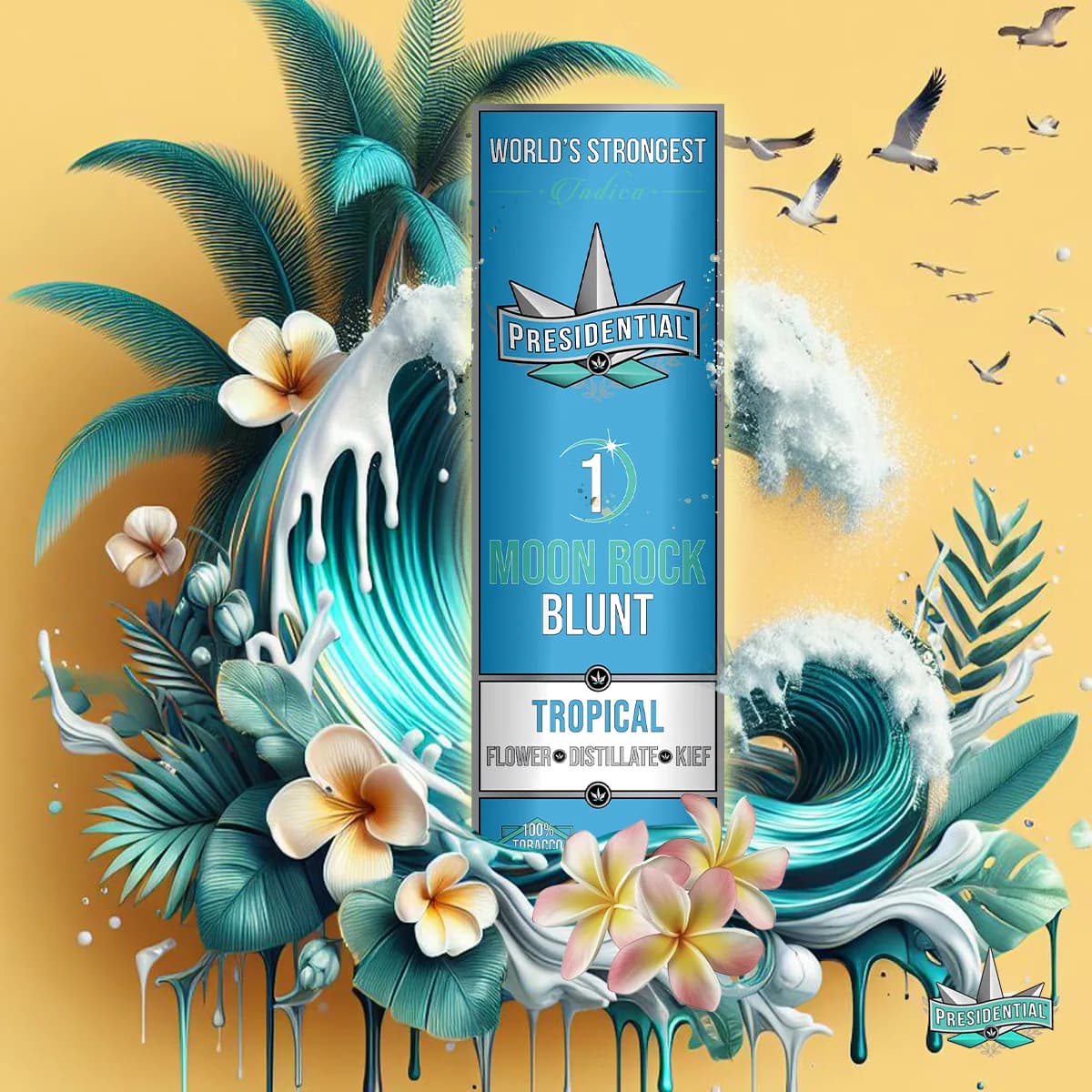 Presidential Tropical blunt packaging with illustrated label artwork