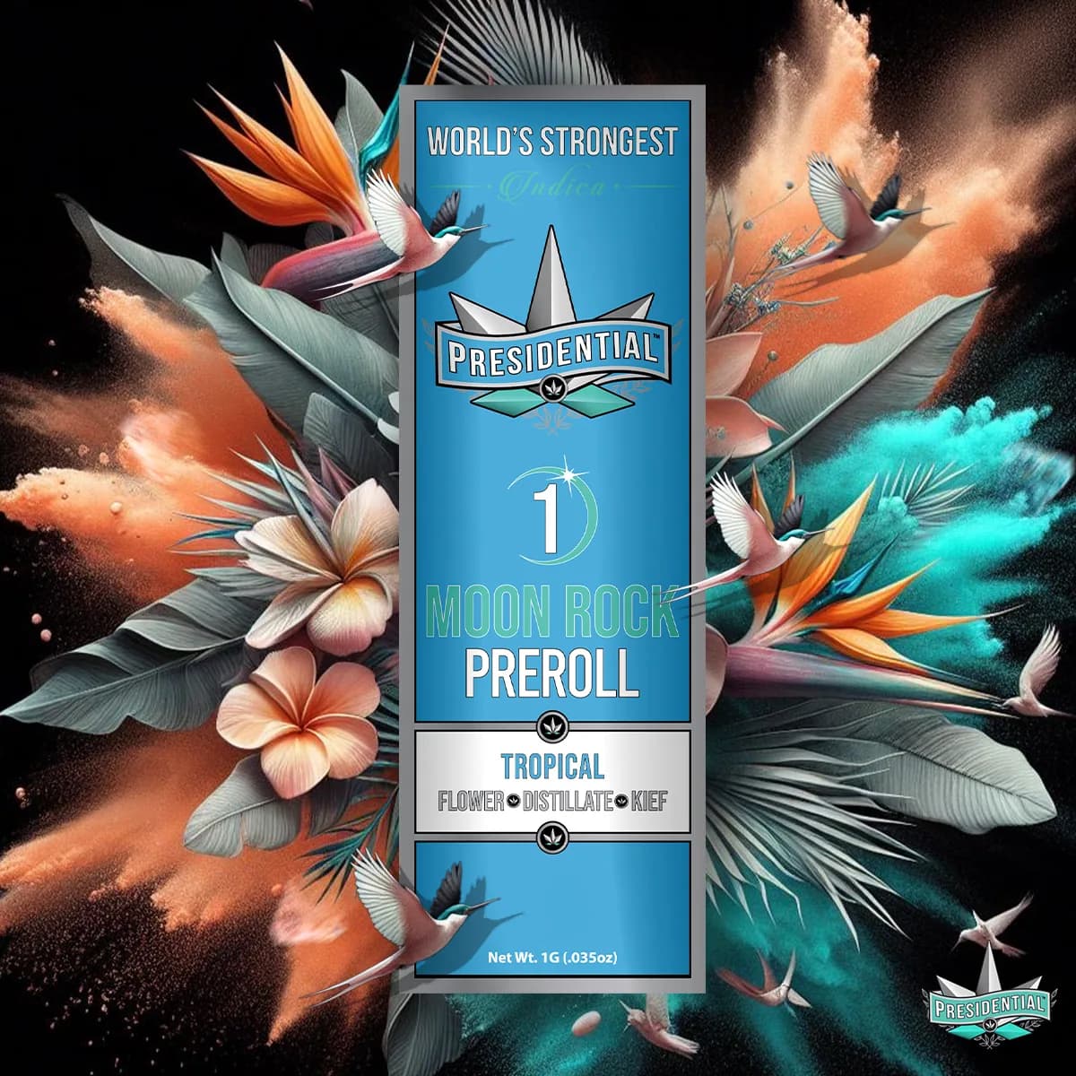 Presidential Tropical infused pre-roll packaging with illustrated label artwork