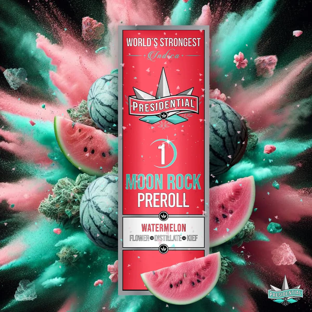 Presidential Watermelon infused pre-roll packaging with illustrated label artwork