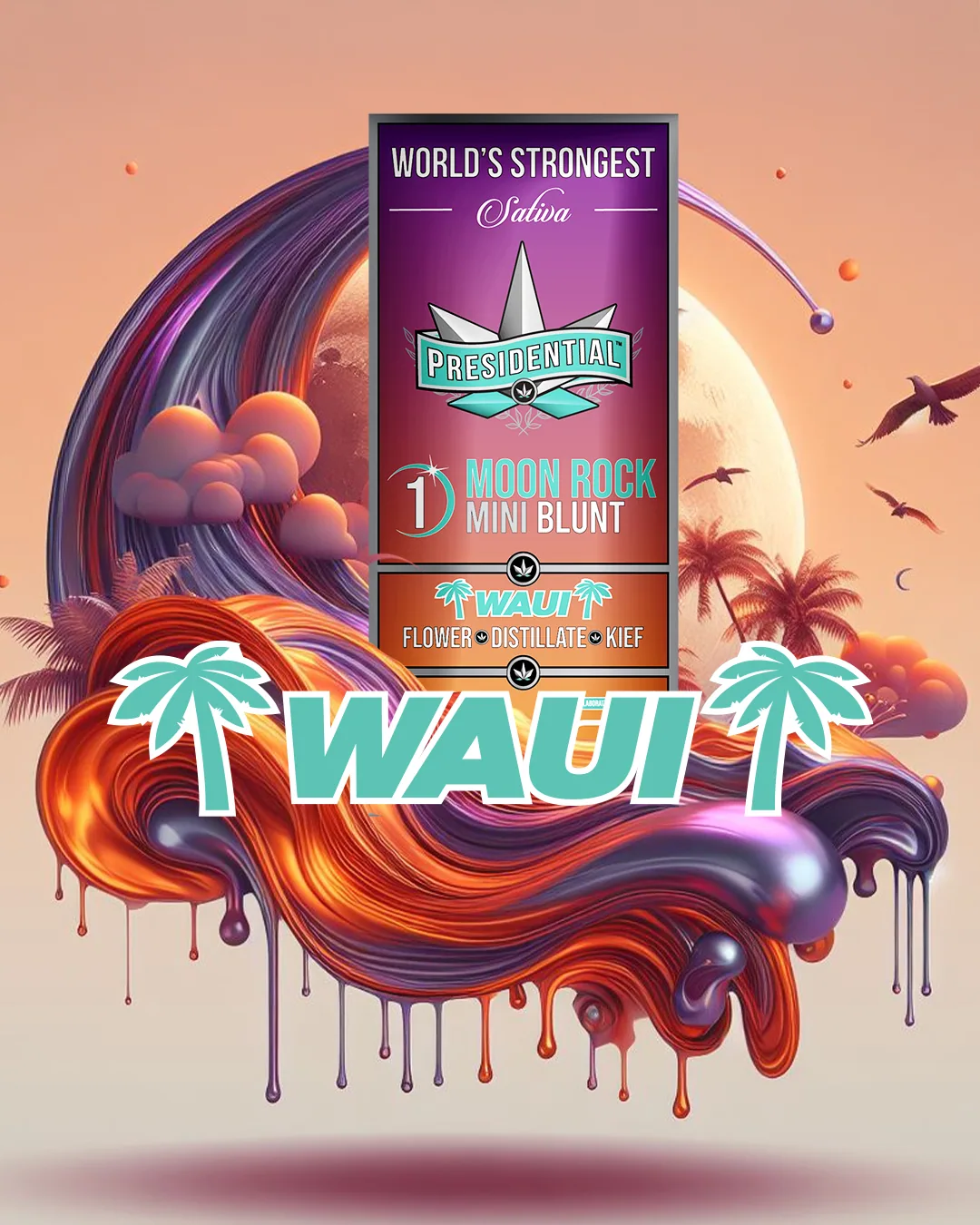 Presidential Waui single mini blunt packaging with illustrated label artwork