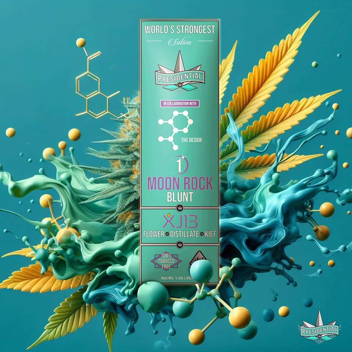Presidential XJ-13 blunt packaging with illustrated label artwork