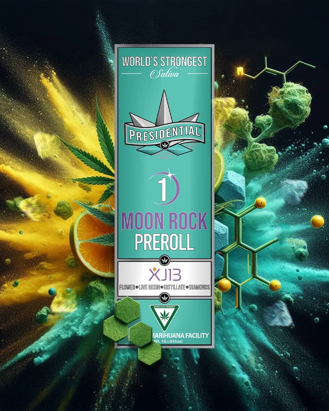 Presidential XJ-13 infused pre-roll packaging with illustrated label artwork