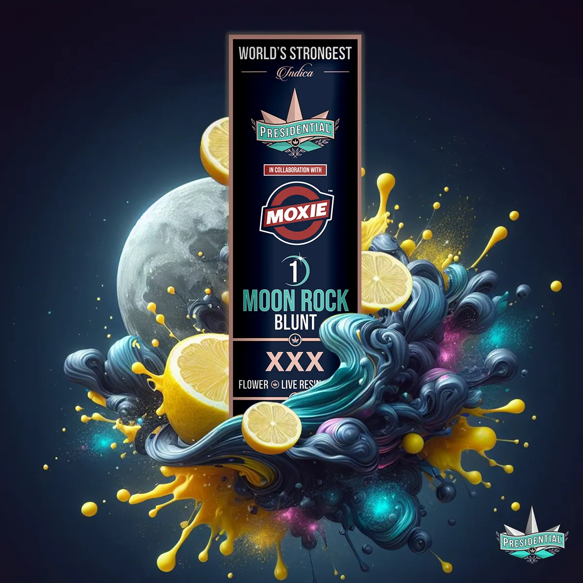 Presidential XXX blunt packaging with illustrated label artwork