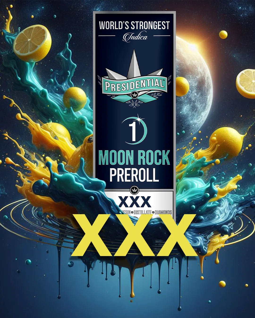 Presidential XXX infused pre-roll packaging with illustrated label artwork