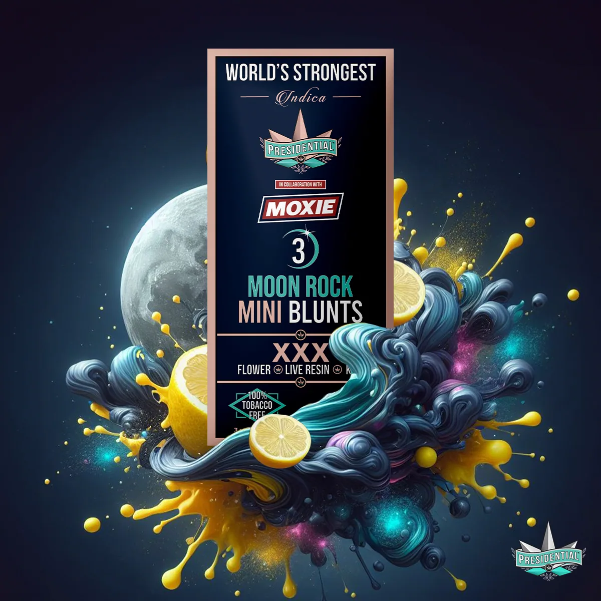 Presidential XXX mini blunt packaging with illustrated label artwork